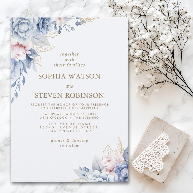 Golden Bloom: Blue & White Floral Wedding Invitation (Creator Uploaded)