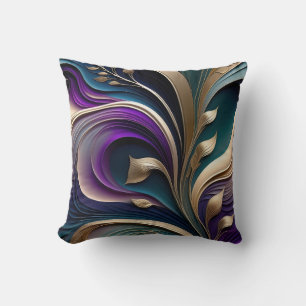 Golden Bloom - Deep Purple and Teal Abstract Flora Cushion