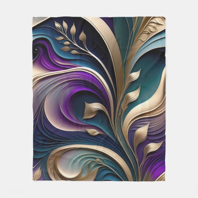 Golden Bloom - Deep Purple and Teal Abstract Flora Fleece Blanket (Front)