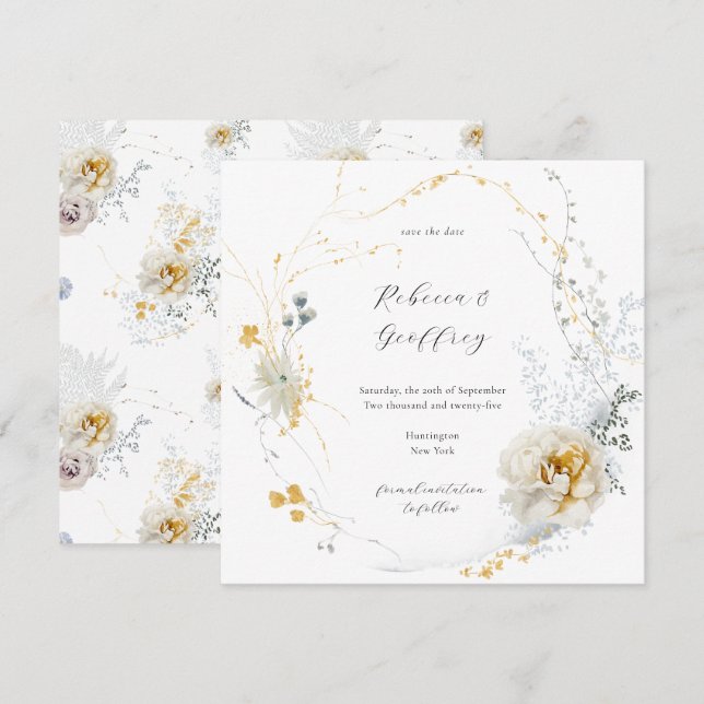 Golden Bloom Delicate Floral Calligraphy Square Save The Date (Front/Back)