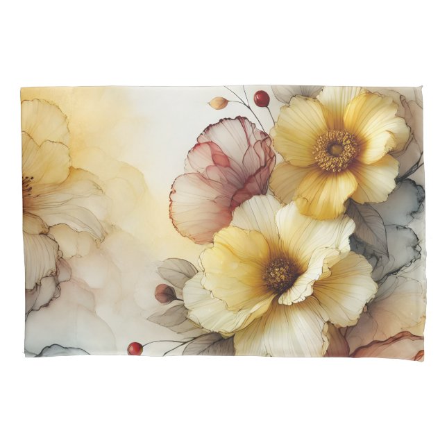 "Golden Bloom Elegance: Abstract Floral Serenity" Pillowcase (Front-Left)