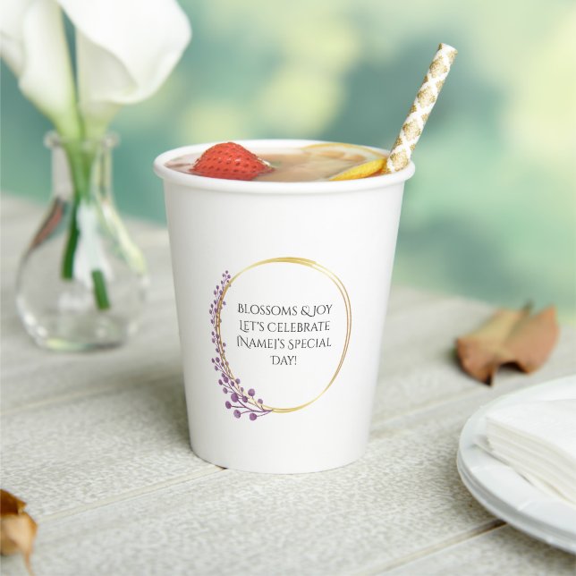 Golden Bloom Floral Birthday Party Paper Cups (Insitu)