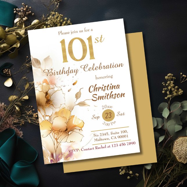 Golden Bloom floral elegant modern 101st Birthday Invitation (Creator Uploaded)
