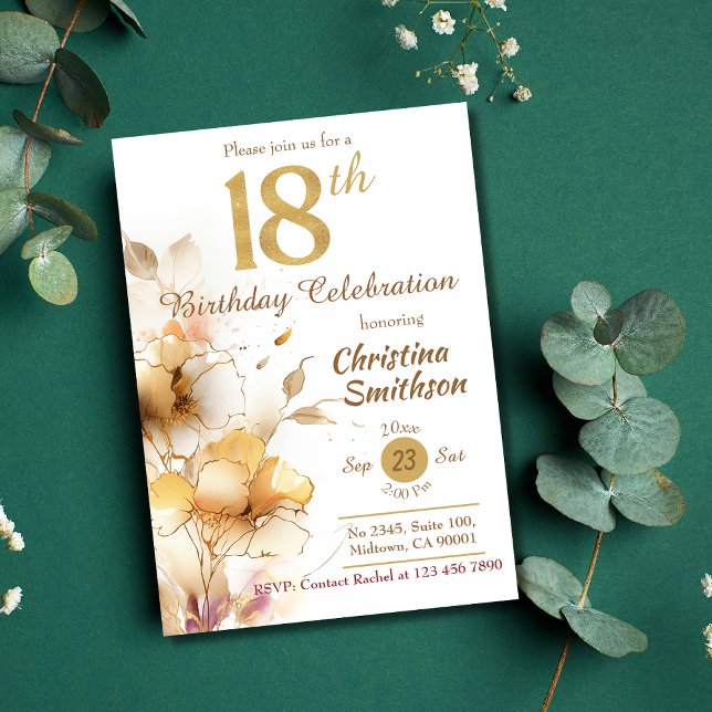 Golden Bloom - floral elegant modern 18th Birthday Invitation (Creator Uploaded)