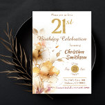 Golden Bloom - floral elegant modern 21st Birthday Invitation<br><div class="desc">Introducing our exquisite "Golden Bloom 21st Birthday" Invitation – a true masterpiece that perfectly captures the essence of a milestone celebration! Set against a backdrop of white, this invitation radiates an air of elegance and sophistication. The left side of the invitation is adorned with a stunning cascade of golden flowers,...</div>