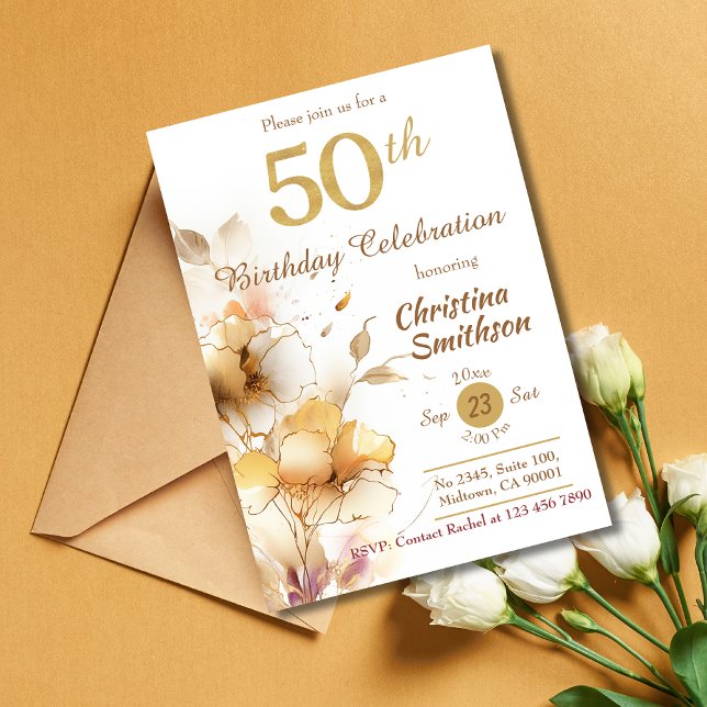 Golden Bloom - floral elegant modern 50th Birthday Invitation (Creator Uploaded)