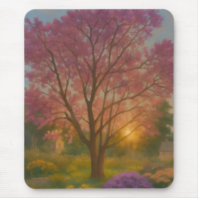 Golden Bloom – Sunset Garden Painting Mouse Mat (Front)