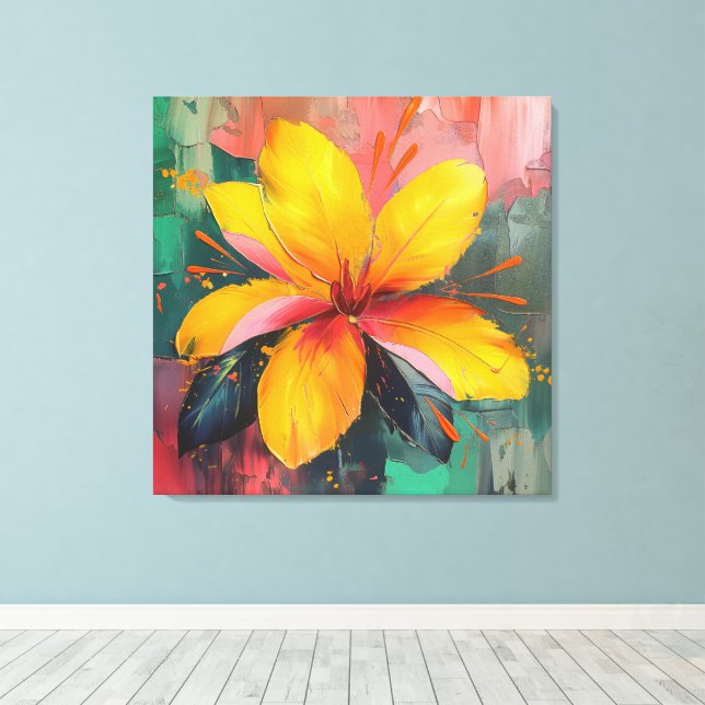 Golden Bloom – Vibrant Abstract Floral Expression Canvas Print (Insitu(Wood Floor))
