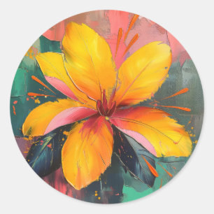 Golden Bloom – Vibrant Abstract Floral Expression Classic Round Sticker
