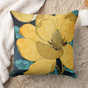Golden Bloom with Teal Leaves Abstract Floral Cushion