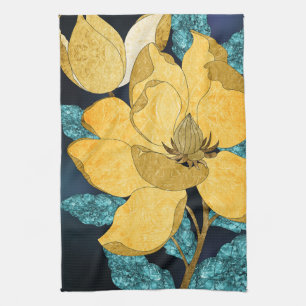 Golden Bloom with Teal Leaves Abstract Floral Tea Towel