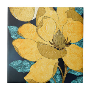 Golden Bloom with Teal Leaves Abstract Floral Tile