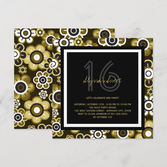 Golden Blooms Chic Sweet 16 Birthday Party Invite (Front/Back)