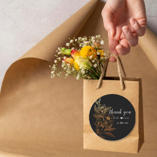 "Golden Blooms Of Love" Black Wedding Classic Round Sticker