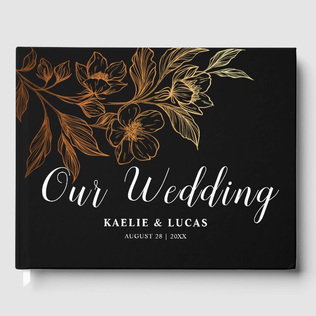 "Golden Blooms Of Love" | Black wedding  Guest Book (Front)