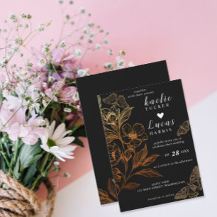 "Golden Blooms Of Love"   Black Wedding Invitation