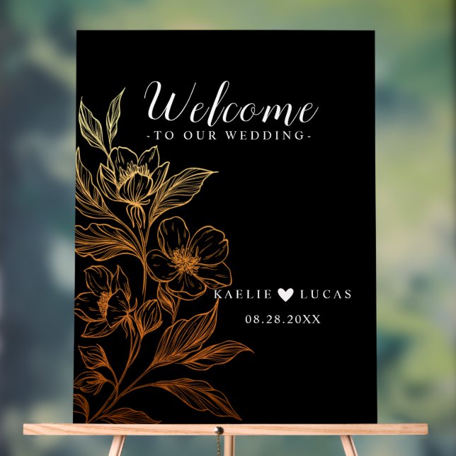 "Golden Blooms Of Love" | Black Wedding Welcome Acrylic Sign (Neutral)