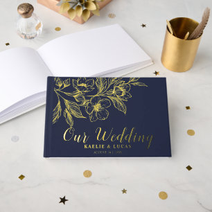"Golden Blooms Of Love"   Romantic Navy Wedding  Guest Book