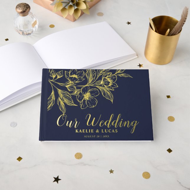 "Golden Blooms Of Love" | Romantic Navy Wedding  Guest Book (Front Open)