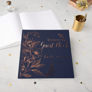 "Golden Blooms Of Love"   Romantic Navy Wedding  Guest Book
