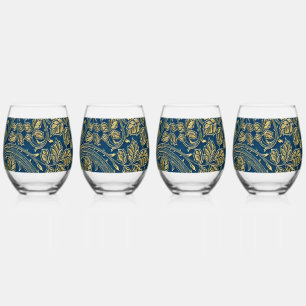 Golden Blossom Elegance  Stemless Wine Glass
