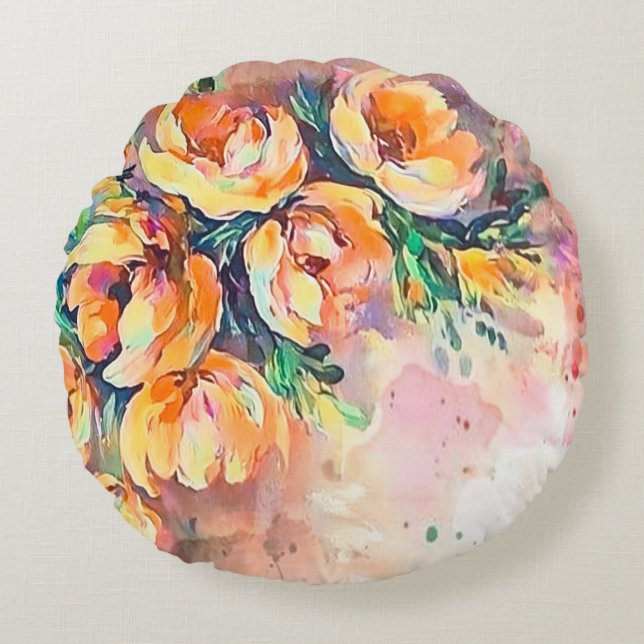 Golden Blossom Serenade Round Pillow (Front)