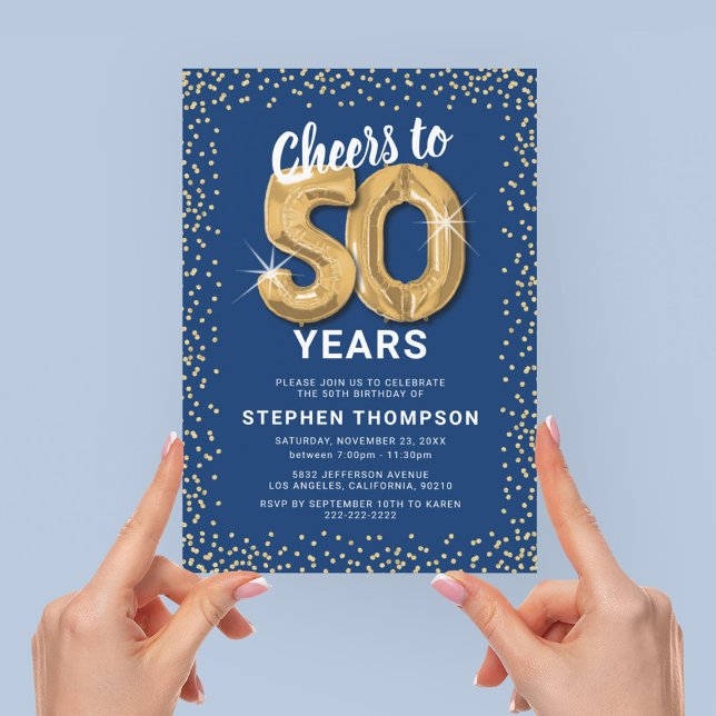 Golden Blue 50th Birthday Invitation (Creator Uploaded)