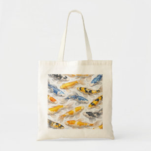 Golden Blue and Black Koi Fish Watercolor Pond Tote Bag