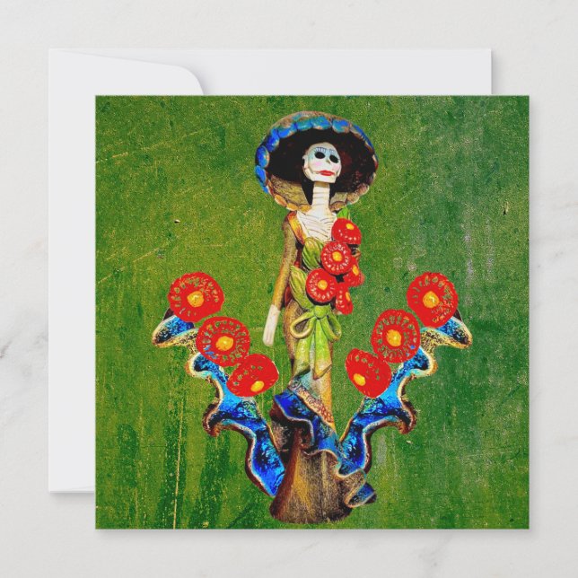 Golden Blue Antique Catrina Over Green Washed Boho Card (Front)