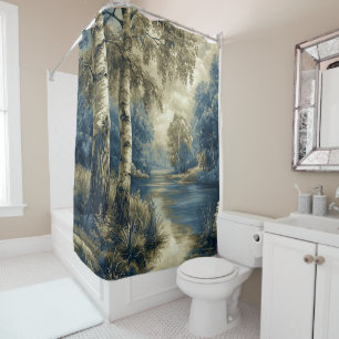 Golden Blue Birch Trees by the Riverside Shower Curtain