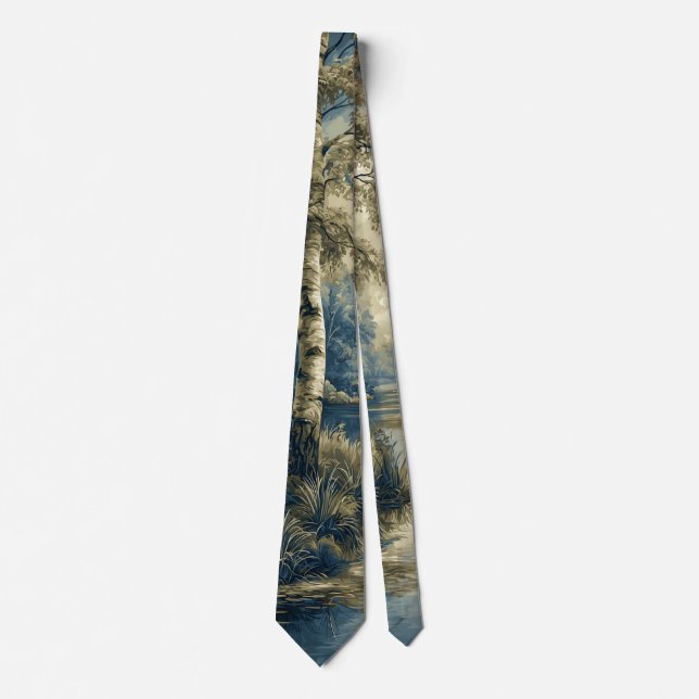 Golden Blue Birch Trees By the Riverside Tie (Front)