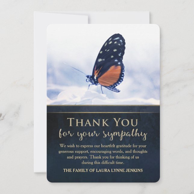 Golden Blue Butterfly Sympathy Thank You Card (Front)