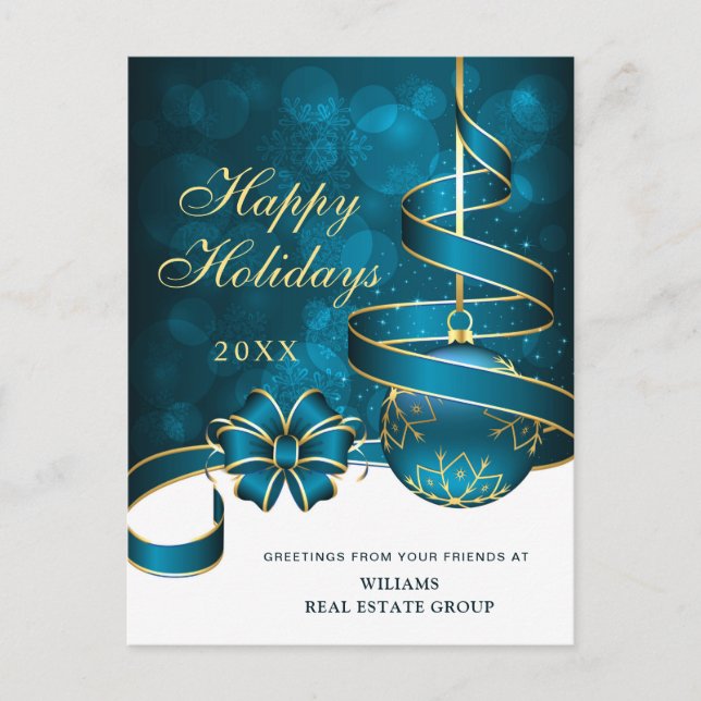 Golden Blue Christmas Ball Corporate Greeting\ Holiday Postcard (Front)