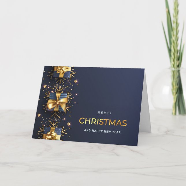 Golden Blue Christmas Ornament Corporate Greeting  Holiday Card (Front)
