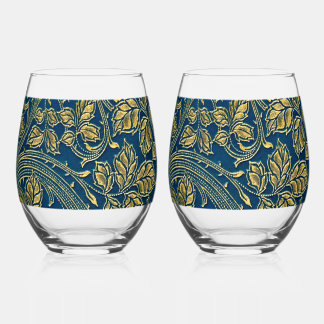 Golden Blue Elegance    Stemless Wine Glass
