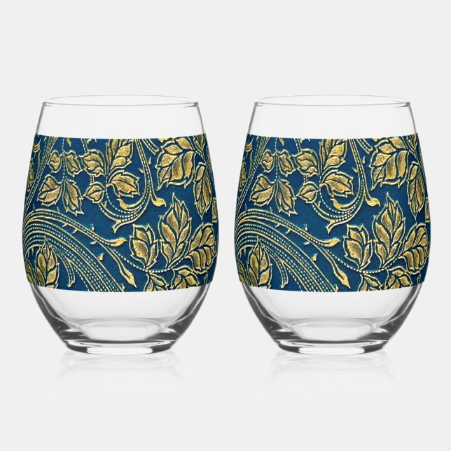 Golden Blue Elegance    Stemless Wine Glass (Front)