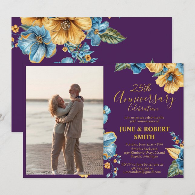 Golden Blue floral 25th wedding anniversary Invitation (Front/Back)