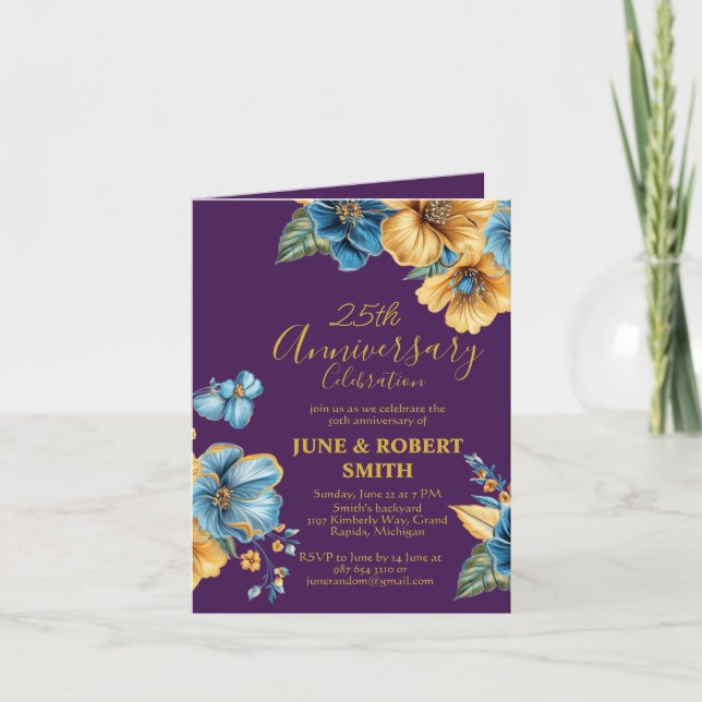 Golden Blue floral 25th wedding anniversary Invitation (Front)