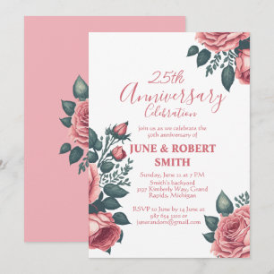Golden Blue floral 25th wedding anniversary Invitation