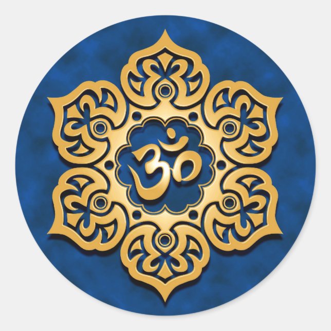 Golden Blue Lotus Flower Om Classic Round Sticker (Front)