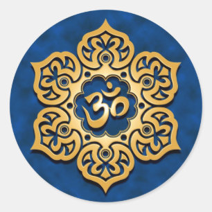 Golden Blue Lotus Flower Om Classic Round Sticker