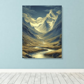 Golden Blue Moonlit, Stylised Mountain Landscape Canvas Print