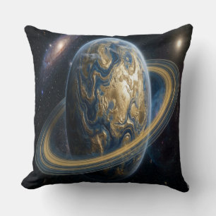 Golden Blue Planet with RIngs Cushion