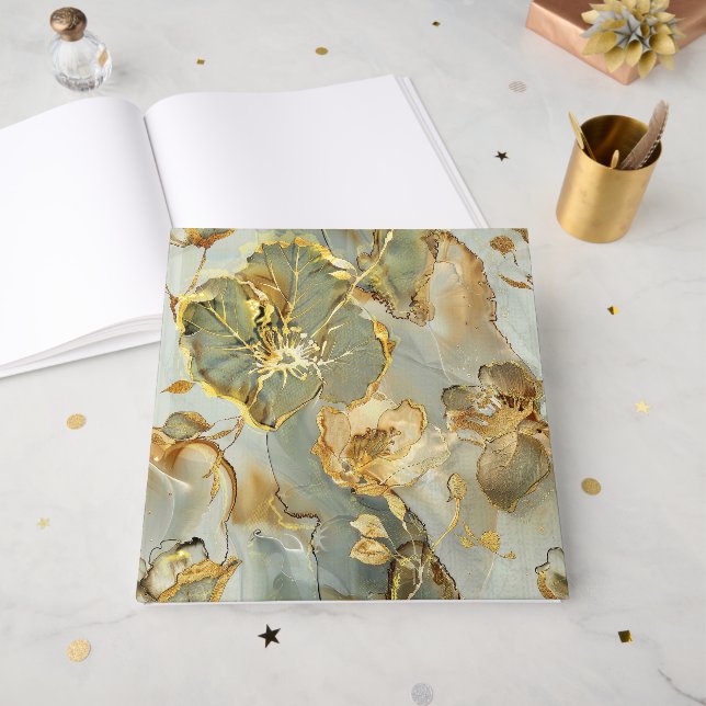 Golden Blues Grays Ink Floral Watercolor Guest Book (Front Open)