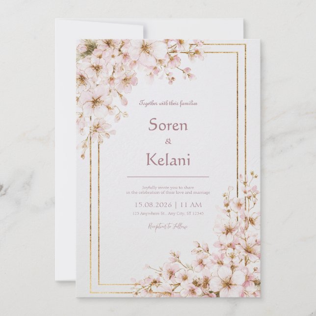 Golden Blush Blossom Wedding Invitation (Front)