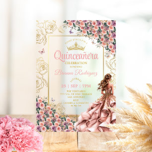 Golden Blush Pink Roses Quinceañera Acrylic Invitations