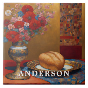 Golden Boho Flower Vase Still Life Tile
