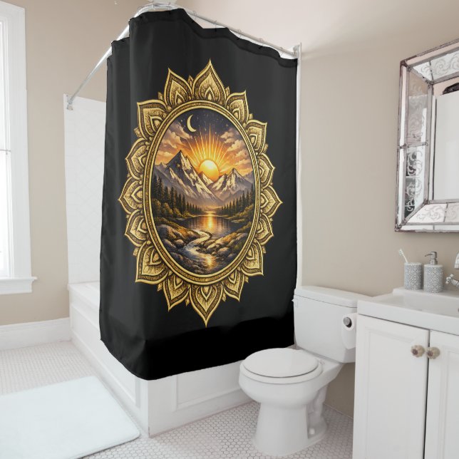 Golden Boho Mandala Mountain Sunset Art | Black Shower Curtain (In Situ)