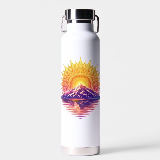 Golden Boho Mandala Sun Mountain Sunset Reflection Water Bottle (Front)