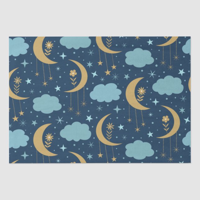 Golden Boho Moon With Blue Clouds  Tissue Paper (Front)